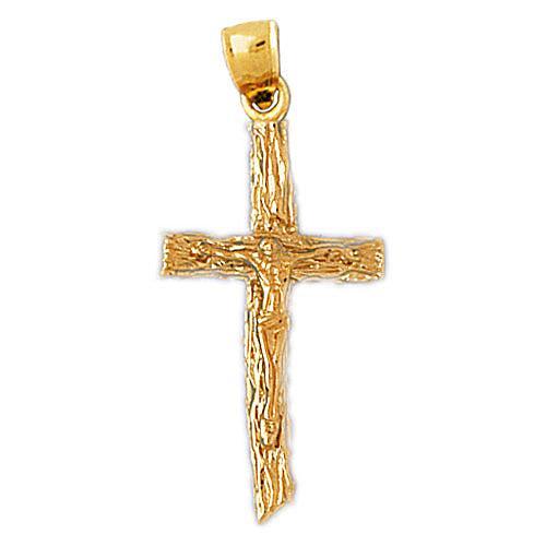 14K Gold Woodgrain Crucifix Pendant