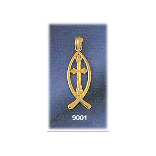 14K Gold Ichthus Fish Cross Pendant