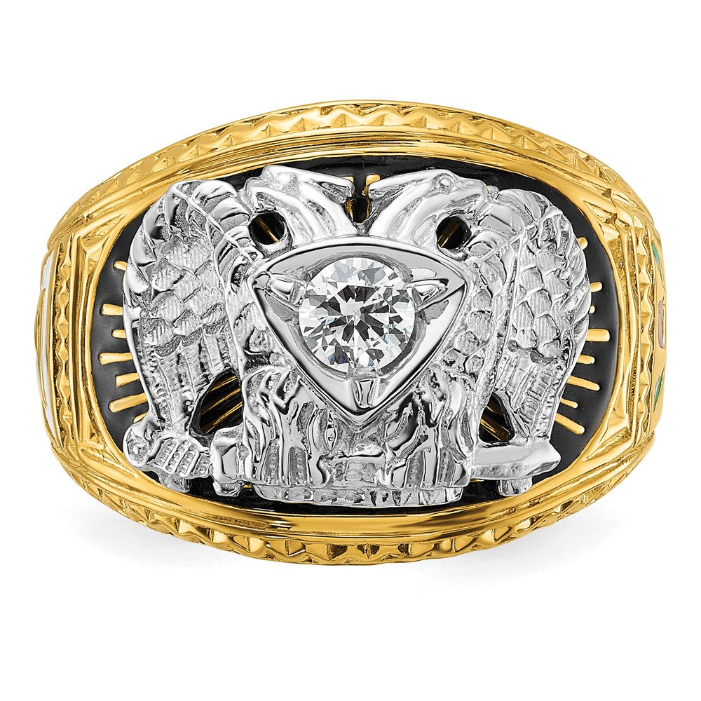 14k Two-tone Gold Men's Polished and Textured with Multi-color Enamel and Diamond 32nd Degree Scottish Rite Masonic Ring