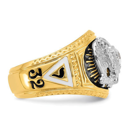 14k Two-tone Gold Men's Polished and Textured with Multi-color Enamel and Diamond 32nd Degree Scottish Rite Masonic Ring