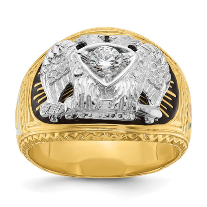 14k Two-tone Gold Men's Polished and Textured with Multi-color Enamel and Diamond 32nd Degree Scottish Rite Masonic Ring