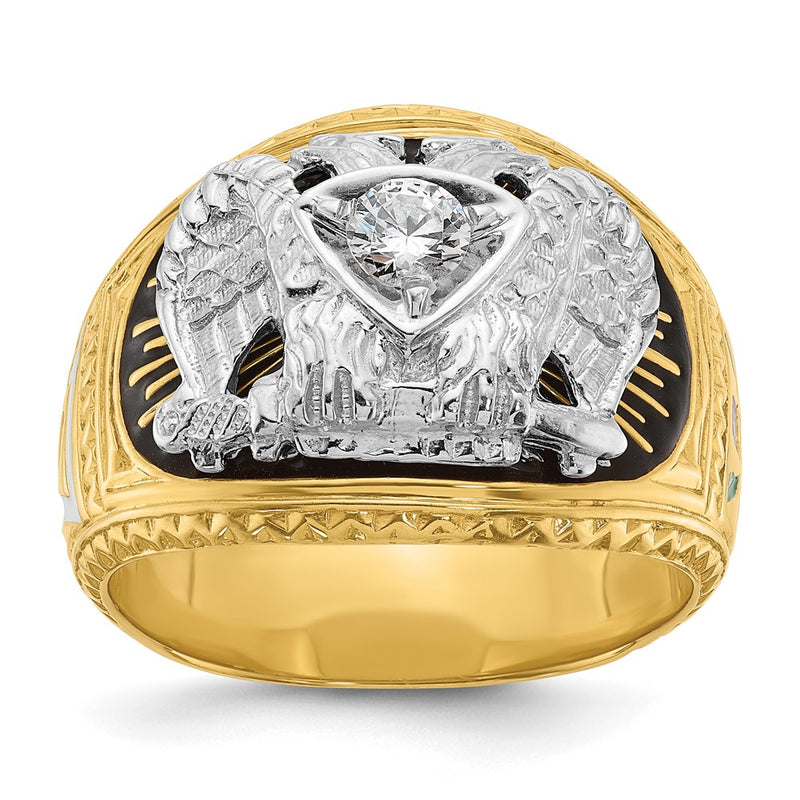 14k Two-tone Gold Men's Polished and Textured with Multi-color Enamel and Diamond 32nd Degree Scottish Rite Masonic Ring