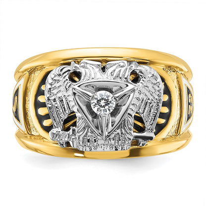 14k Two-tone Gold Men's Polished and Textured with Black and White Enameled and Diamond 32nd Degree Scottish Rite Masonic Ring