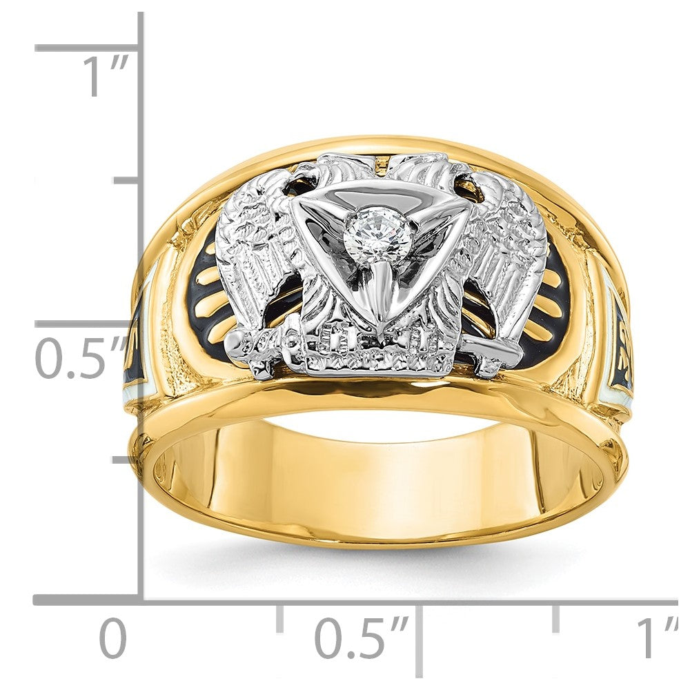 14k Two-tone Gold Men's Polished and Textured with Black and White Enameled and Diamond 32nd Degree Scottish Rite Masonic Ring