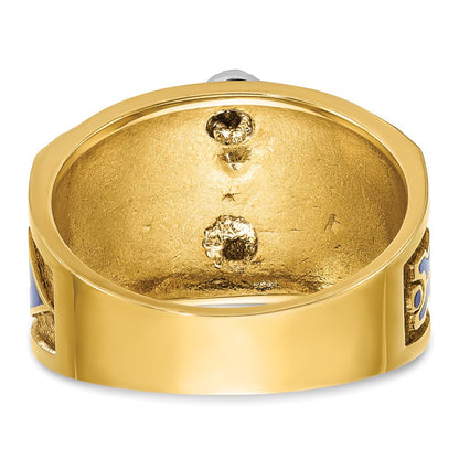 14k Two-tone Gold Men's Polished and Textured with Blue and Black Enamel Diamond Blue Lodge Master Masonic Ring