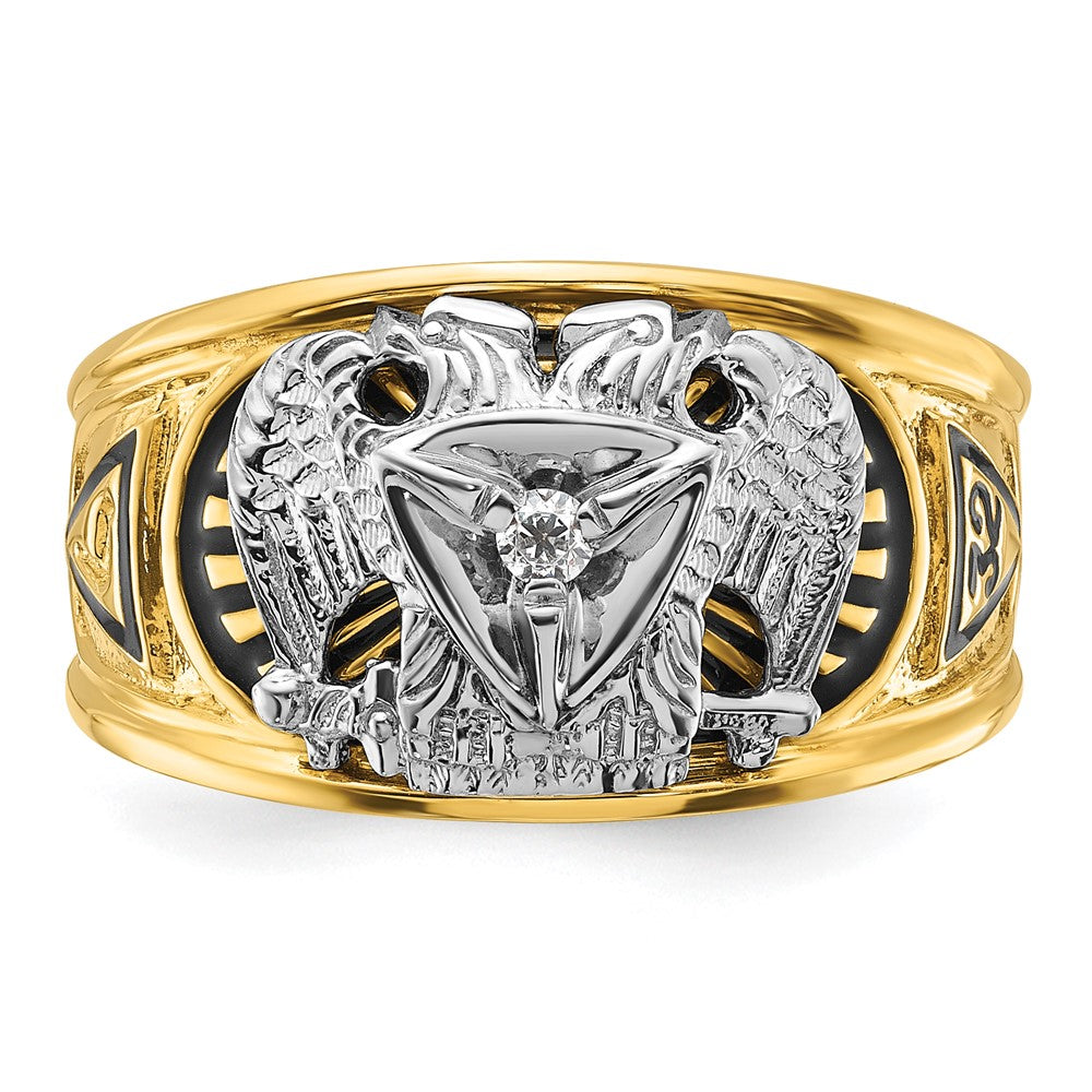 14k Two-tone Gold Men's Polished and Textured with Black Enamel and Diamond 32nd Degree Scottish Rite Masonic Ring