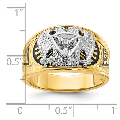 14k Two-tone Gold Men's Polished and Textured with Black Enamel and Diamond 32nd Degree Scottish Rite Masonic Ring