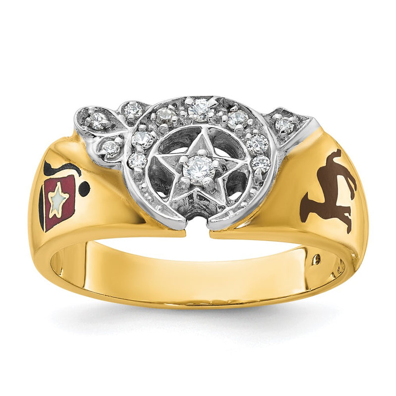 14k Two-tone Gold Men's Polished with Multi-color Enamel and Diamond Masonic Shriner's Ring