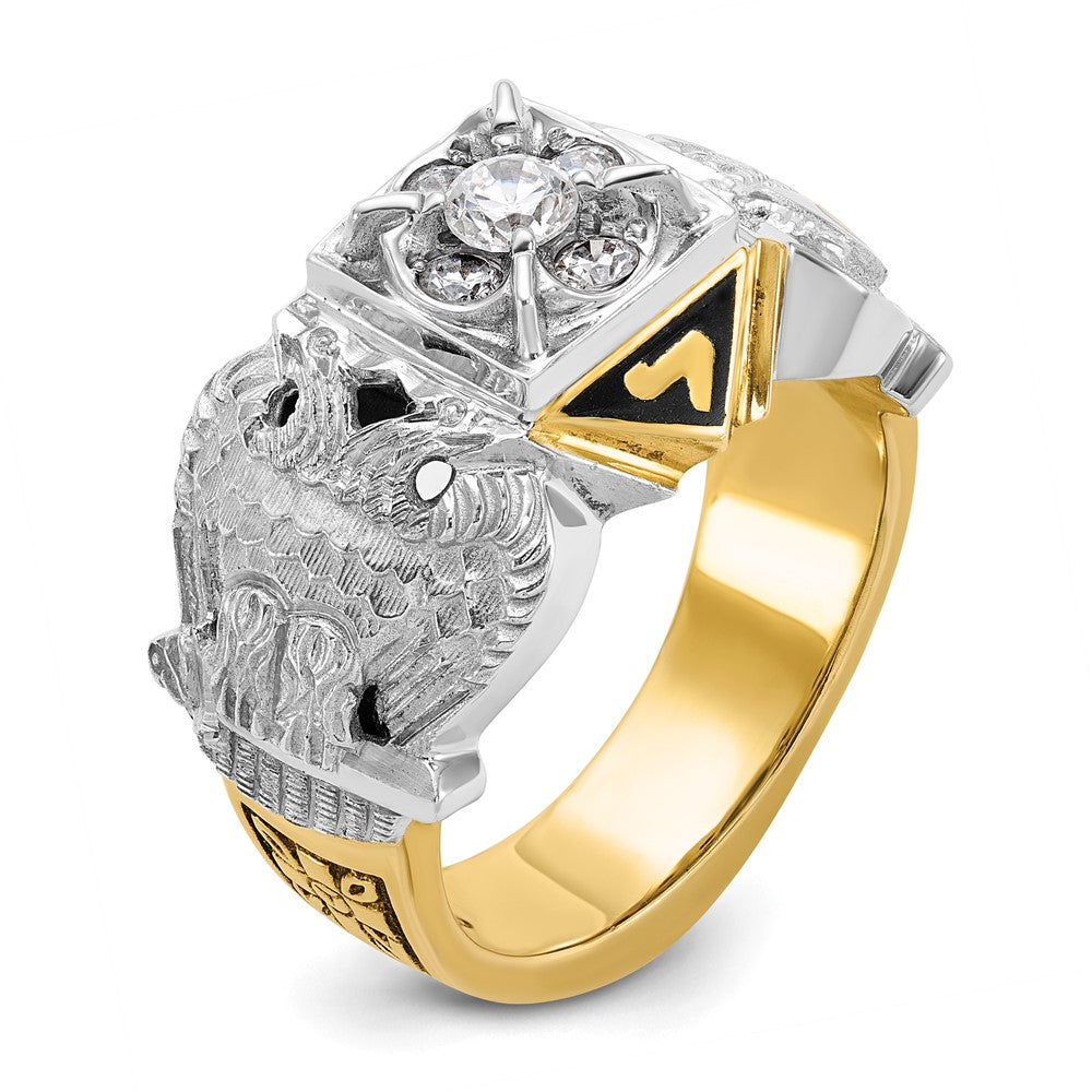 14k Two-tone Gold Men's Polished and Textured with Multi-color Enamel and Diamond Double Eagle Masonic Shriner's Ring