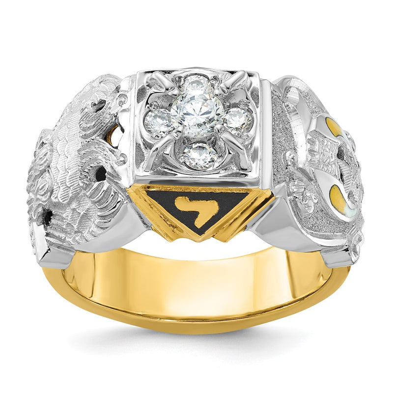 14k Two-tone Gold Men's Polished and Textured with Multi-color Enamel and Diamond Double Eagle Masonic Shriner's Ring