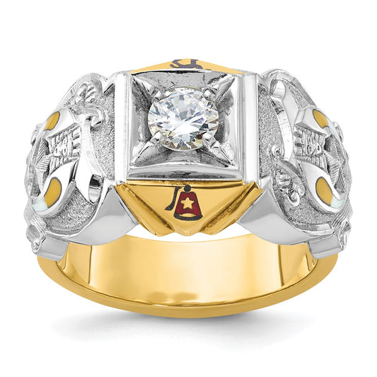 14k Two-tone Gold Men's Polished and Textured with Multi-color Enamel and Diamond Masonic Shriner's Ring