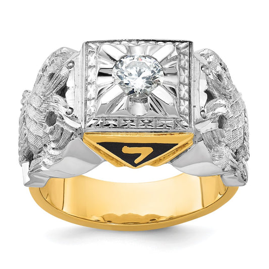 14k Two-tone Gold Men's Polished and Textured with Black Enamel and Diamond 32nd Degree Scottish Rite Masonic Ring
