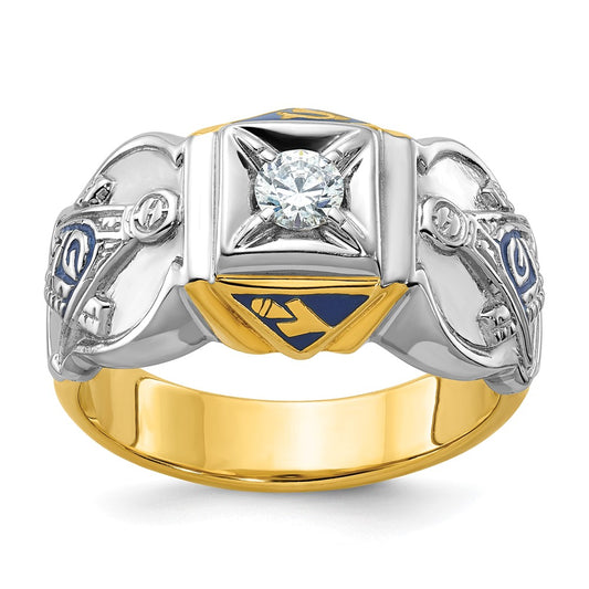 14k Two-tone Gold Men's Polished and Textured with Blue Enamel and Diamond Blue Lodge Master Masonic Ring