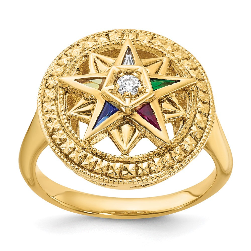 14k Yellow Gold Women's Polished and Textured with Multi-color CZ and Diamond Eastern Star Masonic Ring