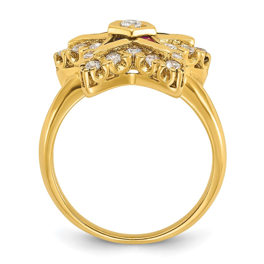 14k Yellow Gold Women's Polished Multi-color CZ and AA Quality Diamond Eastern Star Masonic Ring