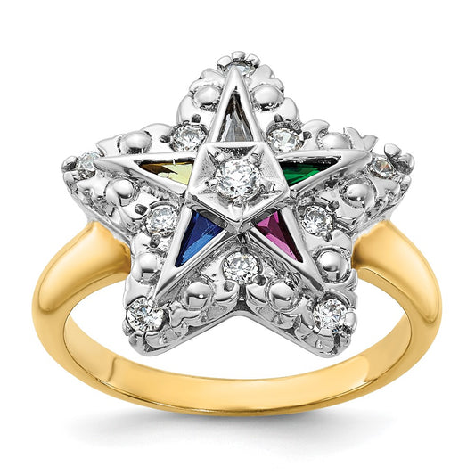 14k Two-tone Gold Women's Polished and Beaded with Multi-color CZ and Diamond Eastern Star Masonic Ring