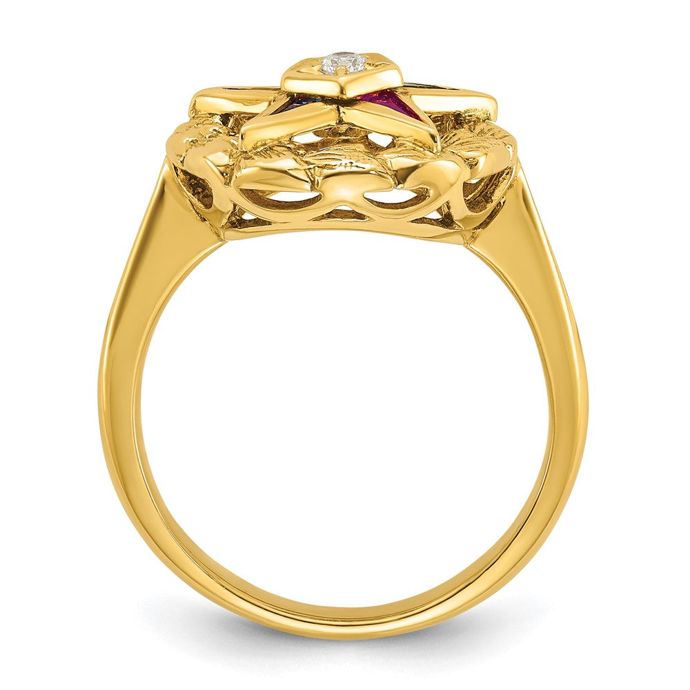 14k Yellow Gold Women's Polished and Textured with Multi-color CZ and Diamond Eastern Star Masonic Ring