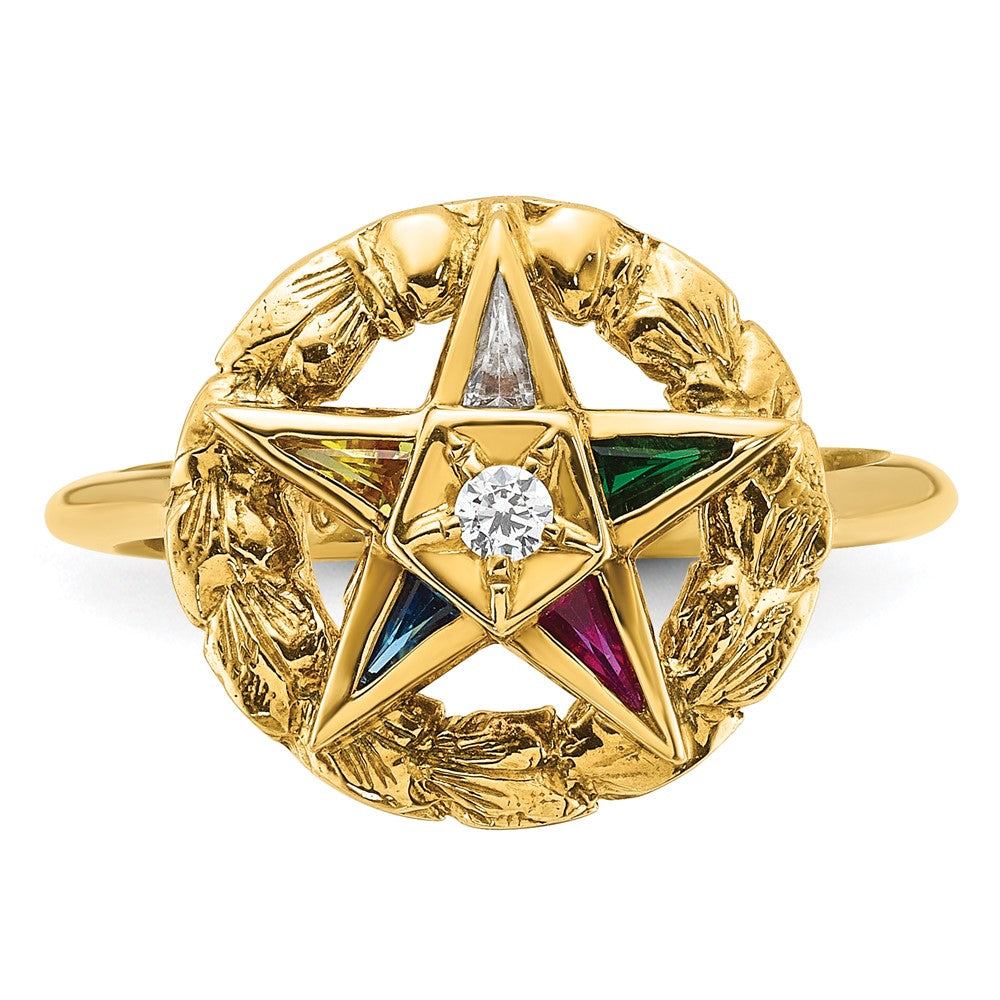 14k Yellow Gold Women's Polished and Textured with Multi-color CZ and Diamond Eastern Star Masonic Ring