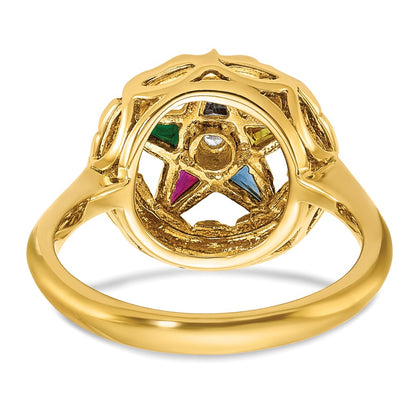 14k Yellow Gold Women's Polished and Textured with Multi-color CZ and Diamond Eastern Star Masonic Ring