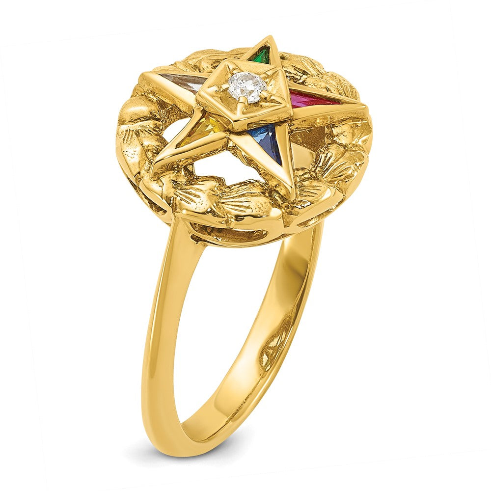14k Yellow Gold Women's Polished and Textured with Multi-color CZ and Diamond Eastern Star Masonic Ring