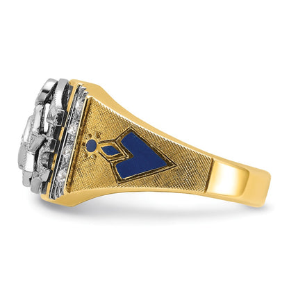 14k Two-tone Gold Men's Polished and Textured with Blue and Black Enamel Diamond Blue Lodge Master Masonic Ring
