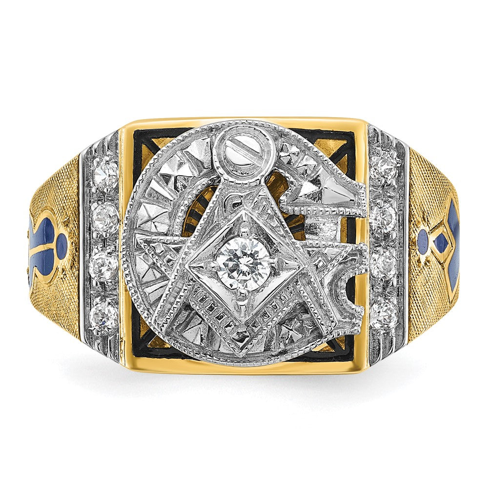 14k Two-tone Gold Men's Polished and Textured with Blue and Black Enamel Diamond Blue Lodge Master Masonic Ring