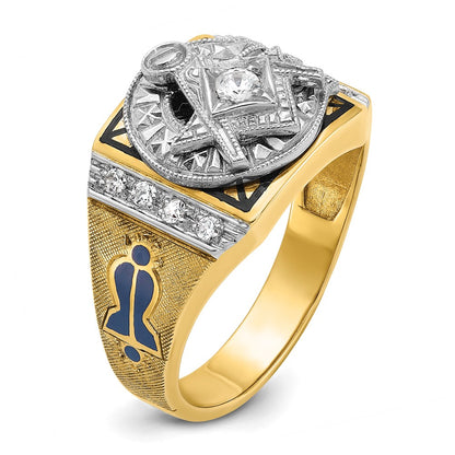 14k Two-tone Gold Men's Polished and Textured with Blue and Black Enamel Diamond Blue Lodge Master Masonic Ring