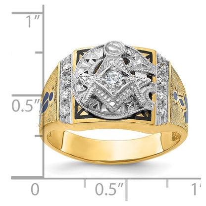 14k Two-tone Gold Men's Polished and Textured with Blue and Black Enamel Diamond Blue Lodge Master Masonic Ring