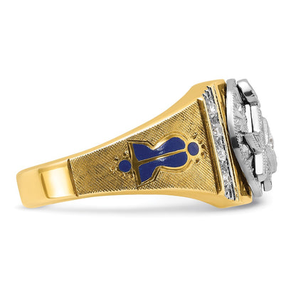 14k Two-tone Gold Men's Polished and Textured with Blue and Black Enamel Diamond Blue Lodge Master Masonic Ring