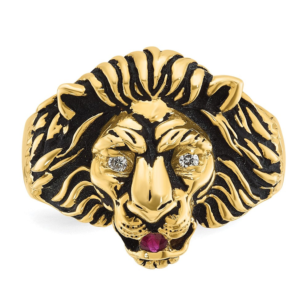 14k Yellow Gold Men's 1/20 carat Diamond and Ruby Antiqued Lion Complete Ring