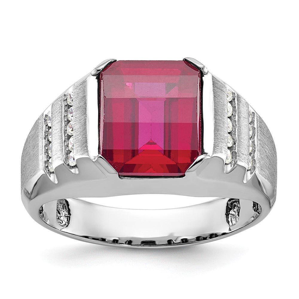 14k White Gold Men's Created Ruby and 1/5 carat Diamond Complete Ring