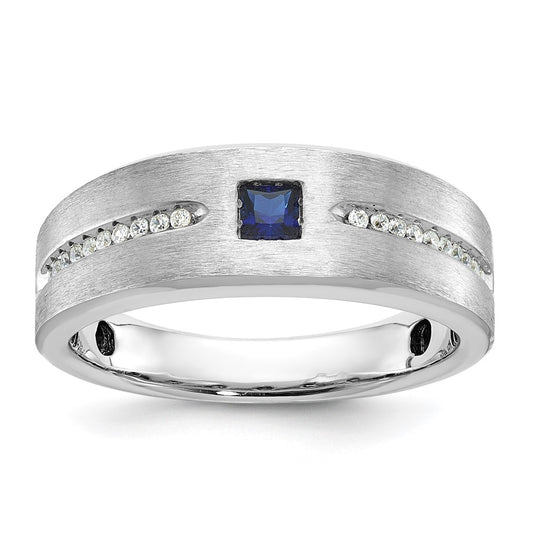 14k White Gold Men's Satin Lab Created Sapphire and 1/8 carat Diamond Complete Ring