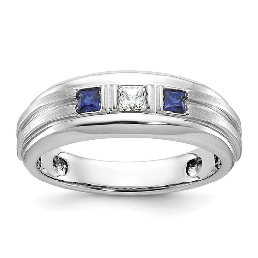 14k White Gold Men's Satin Lab Created Sapphire and 1/6 carat Diamond Complete Ring