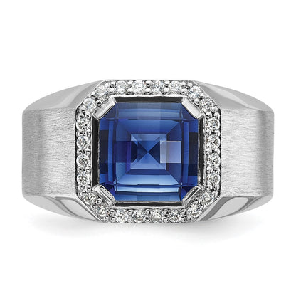 14k White Gold Men's Created Sapphire and 1/3 carat Diamond Complete Ring