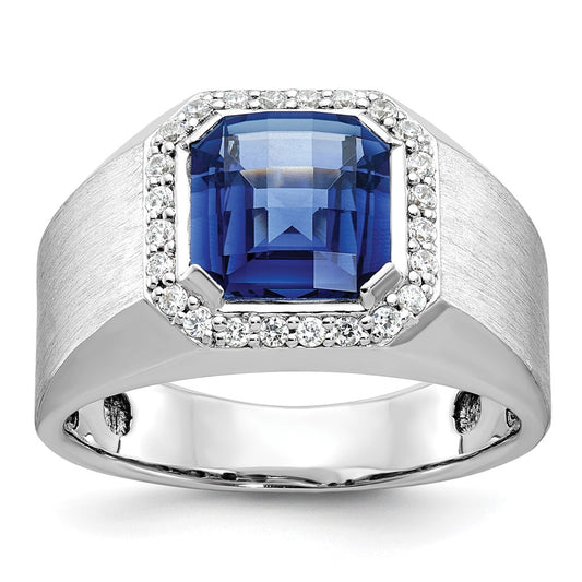 14k White Gold Men's Created Sapphire and 1/3 carat Diamond Complete Ring