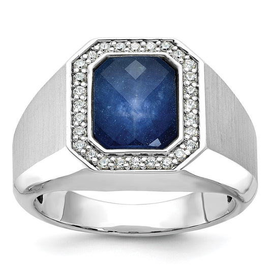 14k White Gold Men's Satin Sapphire Doublet Stone and 1/4 carat Diamond Complete Ring