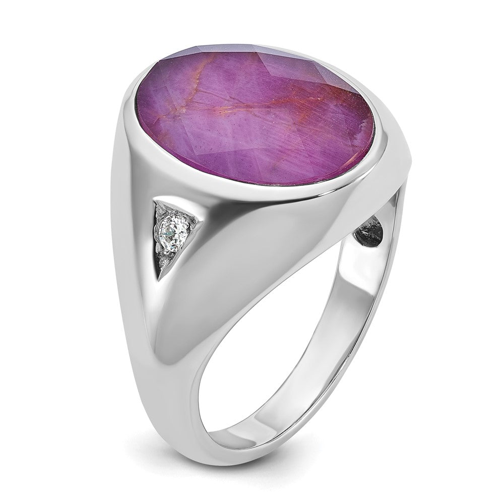14k White Gold Men's Oval Ruby Doublet Stone and 1/15 carat Diamond Complete Ring
