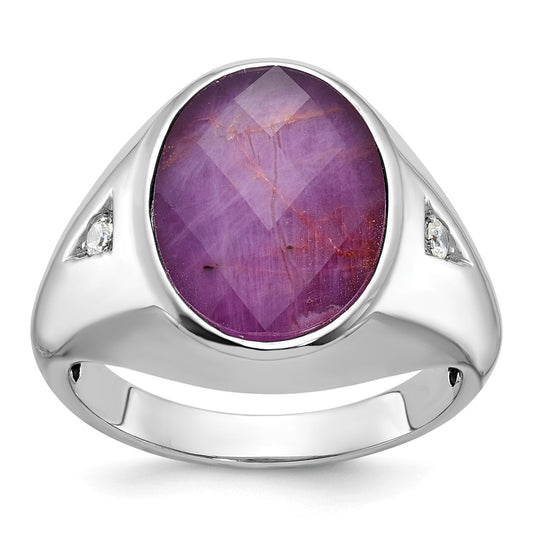 14k White Gold Men's Oval Ruby Doublet Stone and 1/15 carat Diamond Complete Ring