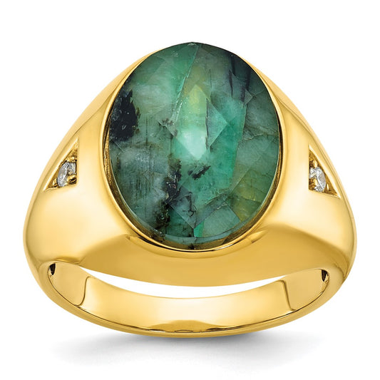 14k Yellow Gold Men's Oval Emerald Doublet Stone and 1/15 carat Diamond Complete Ring