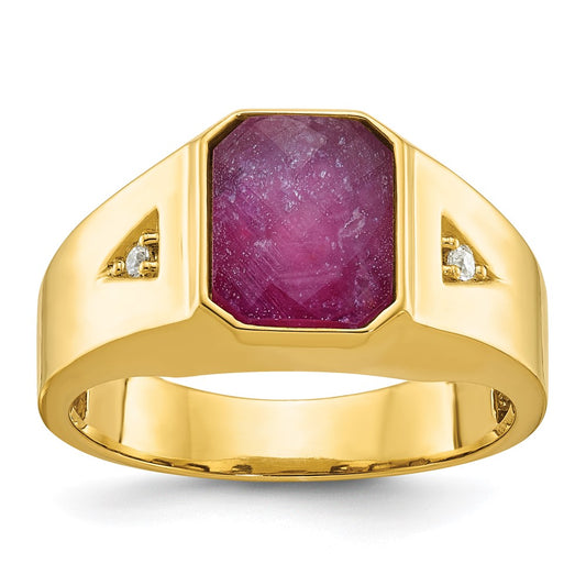 14k Yellow Gold Men's Ruby Doublet Stone and 1/20 carat Diamond Complete Ring