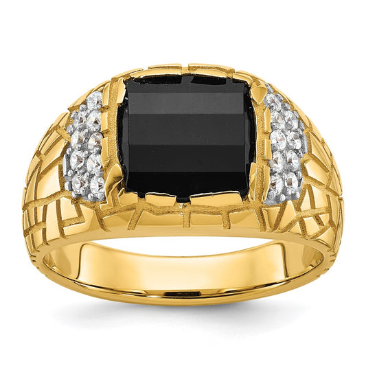 14k Yellow Gold Men's Onyx and 1/4 carat Diamond Nugget Complete Ring