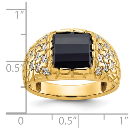 14k Yellow Gold Men's Onyx and 1/4 carat Diamond Nugget Complete Ring