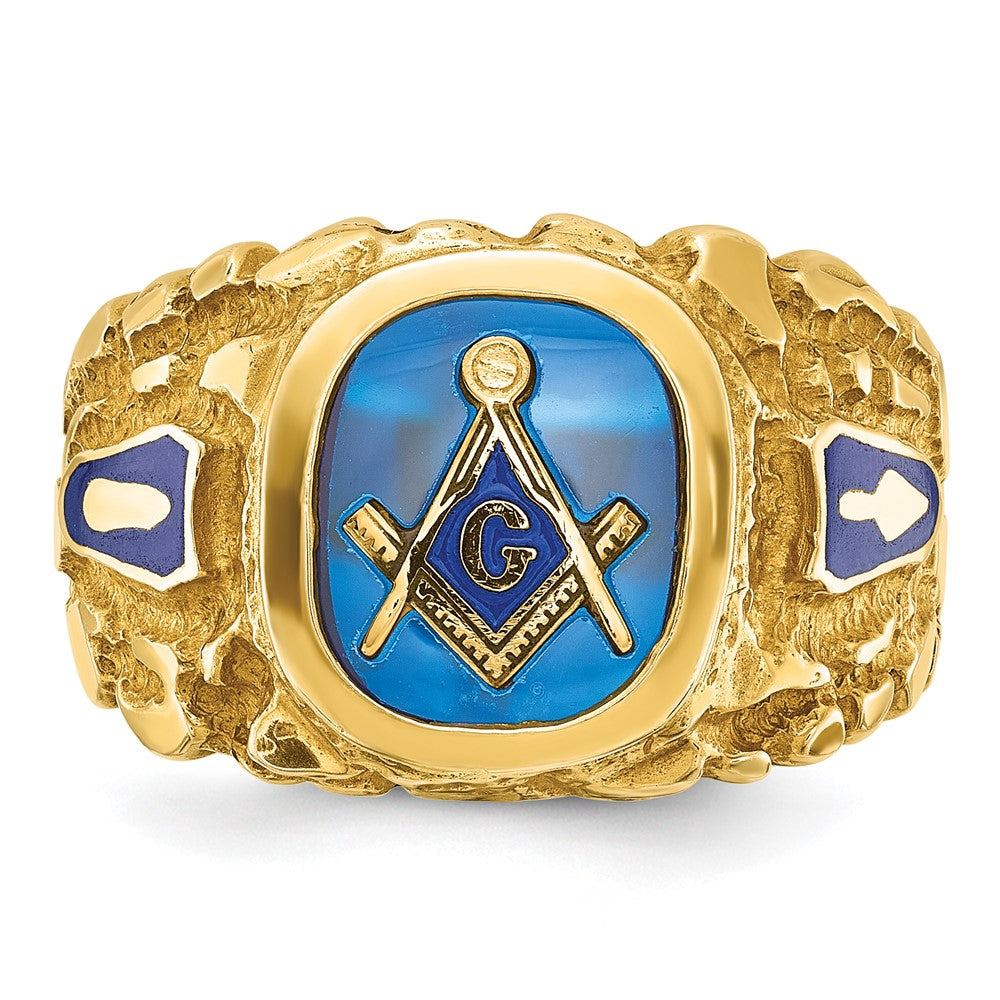 14k Yellow Gold Men's Polished and Nugget Textured with Blue Enamel and Lab Created Sapphire Blue Lodge Master Masonic Ring