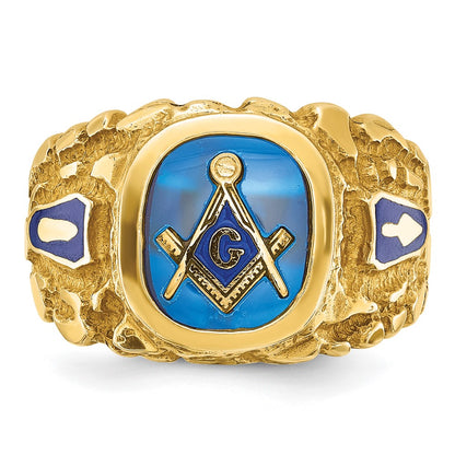 14k Yellow Gold Men's Polished and Nugget Textured with Blue Enamel and Lab Created Sapphire Blue Lodge Master Masonic Ring