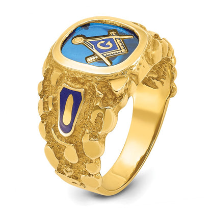 14k Yellow Gold Men's Polished and Nugget Textured with Blue Enamel and Lab Created Sapphire Blue Lodge Master Masonic Ring