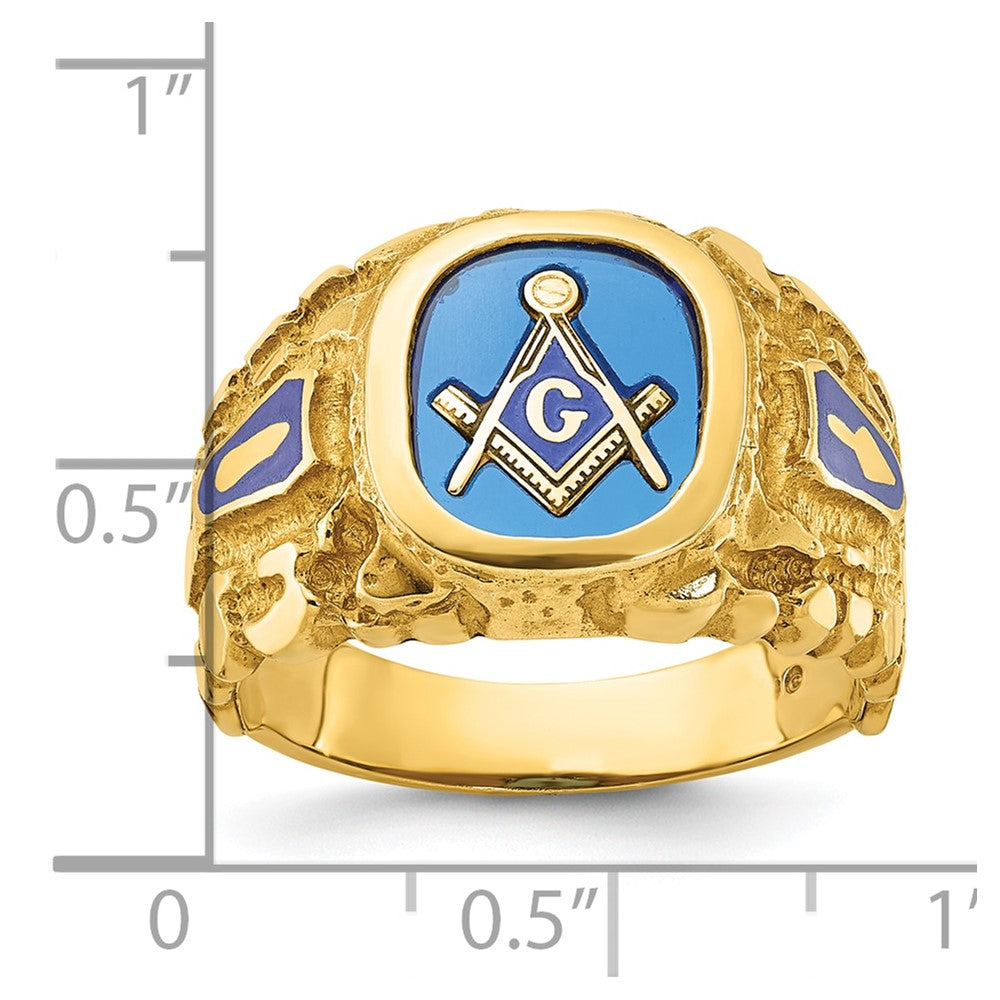 14k Yellow Gold Men's Polished and Nugget Textured with Blue Enamel and Lab Created Sapphire Blue Lodge Master Masonic Ring