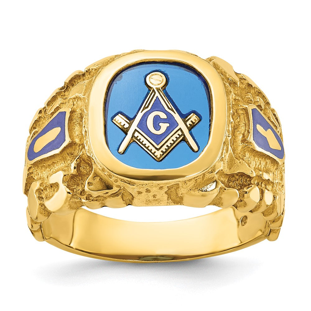 14k Yellow Gold Men's Polished and Nugget Textured with Blue Enamel and Lab Created Sapphire Blue Lodge Master Masonic Ring