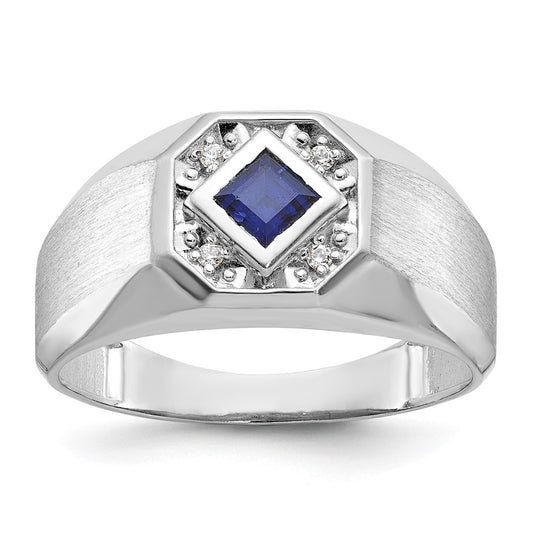 14k White Gold Men's Created Sapphire and 1/20 carat Diamond Satin Complete Ring