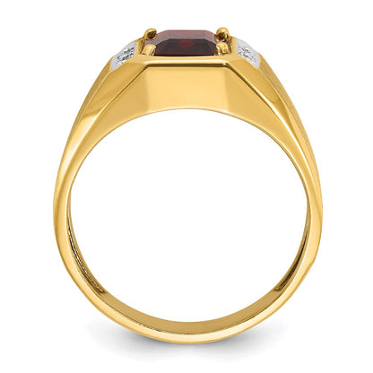 14k Yellow Gold Men's Polished and Satin Created Ruby and 1/20 carat Diamond Complete Ring