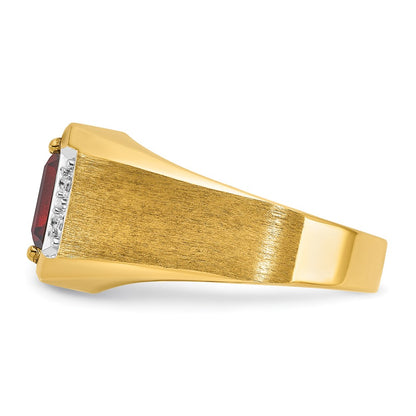 14k Yellow Gold Men's Polished and Satin Created Ruby and 1/20 carat Diamond Complete Ring